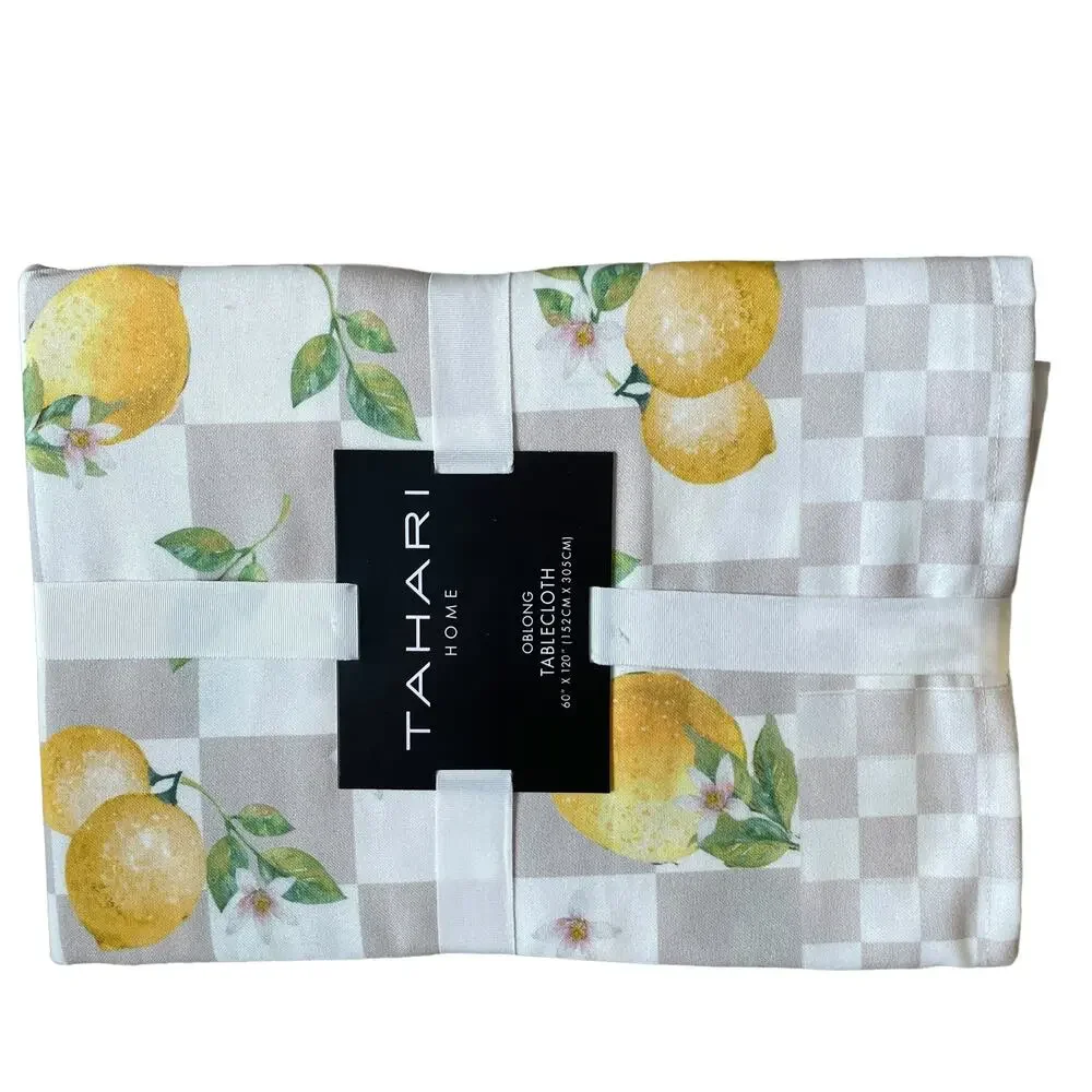 TAHARI Checkered Summer Lemons Tablecloth 60x120 Beige & White NEW